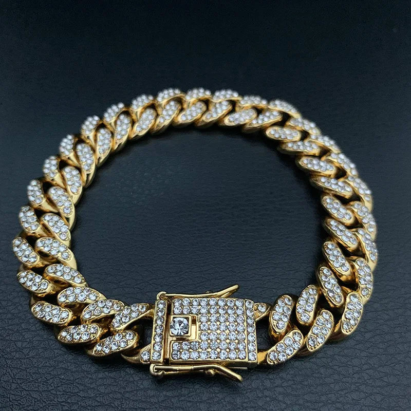 High-Quality  51g Hip Hop Full AAA Stone Bling Iced Out Pave Men's Bracelet Miami Cuban Link Chain Bracelets for Men Jewelry