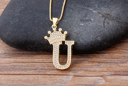 26 Letters A-Z Zircon Crown Initial Alphabet Pendant Choker