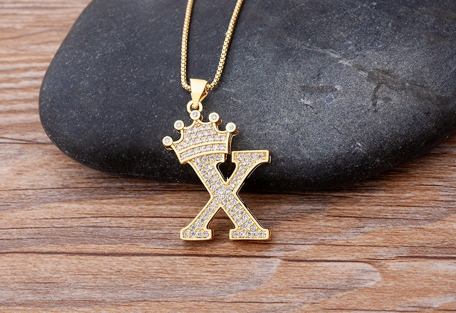 26 Letters A-Z Zircon Crown Initial Alphabet Pendant Choker