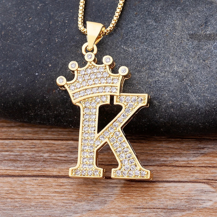 26 Letters A-Z Zircon Crown Initial Alphabet Pendant Choker