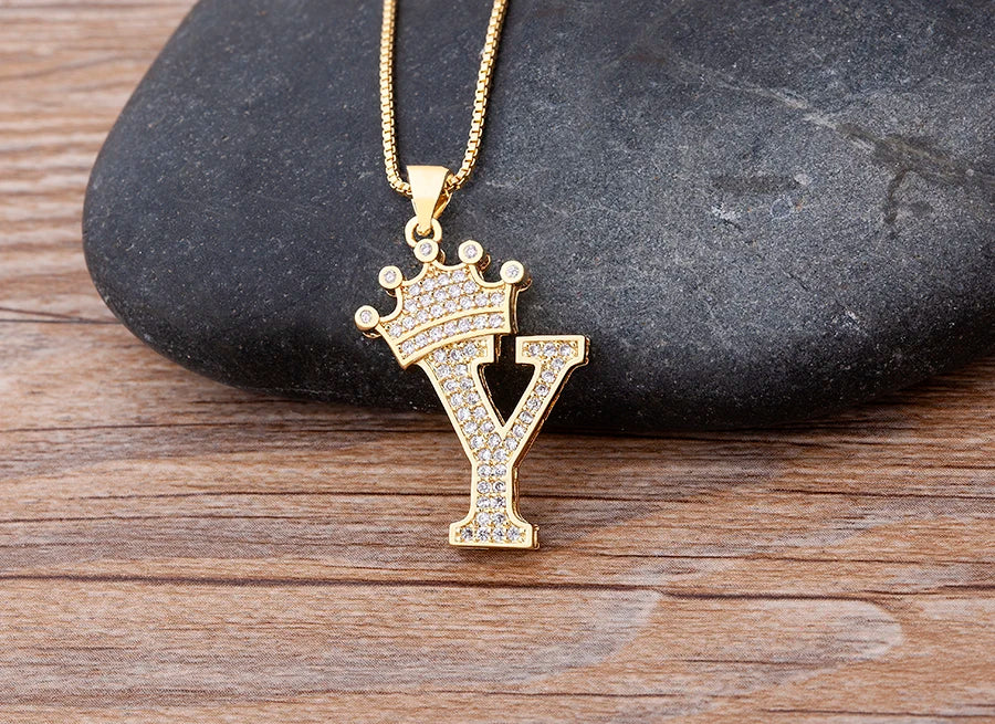 26 Letters A-Z Zircon Crown Initial Alphabet Pendant Choker