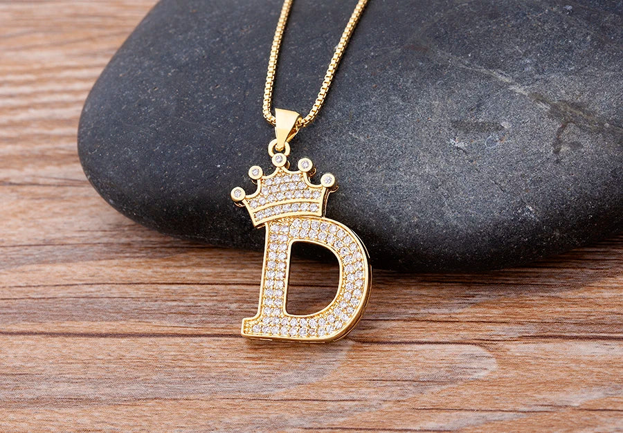 26 Letters A-Z Zircon Crown Initial Alphabet Pendant Choker