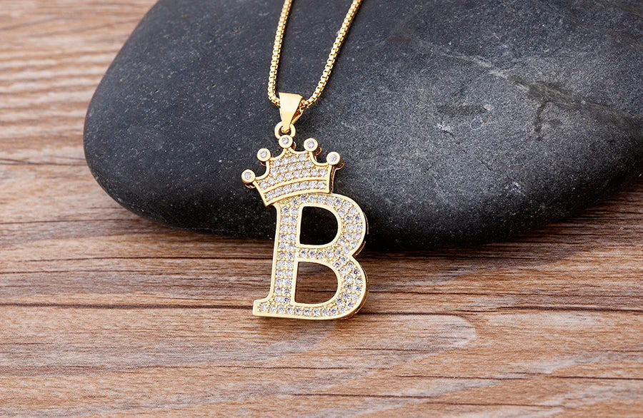 26 Letters A-Z Zircon Crown Initial Alphabet Pendant Choker