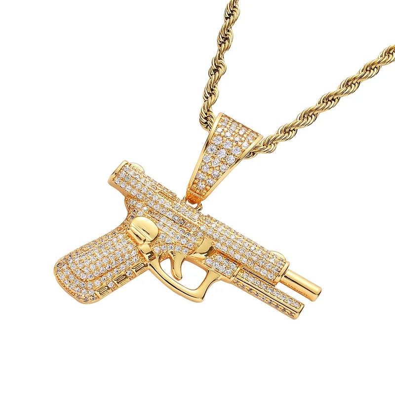 Inlaid Gun Pendant Necklace Rope Chain Jewelry