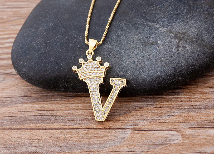 26 Letters A-Z Zircon Crown Initial Alphabet Pendant Choker