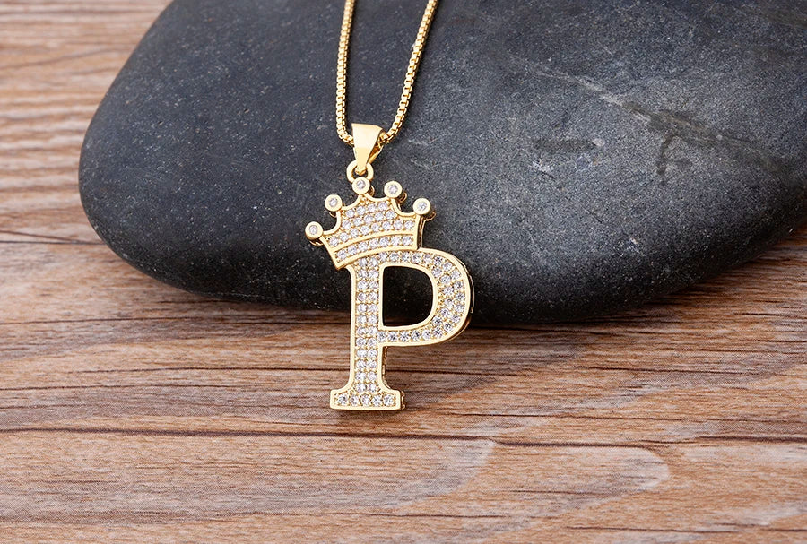 26 Letters A-Z Zircon Crown Initial Alphabet Pendant Choker