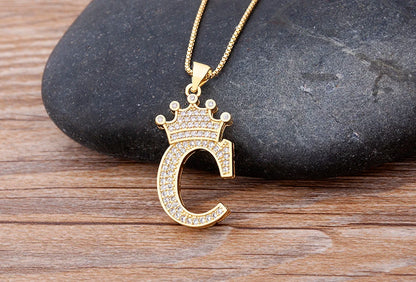 26 Letters A-Z Zircon Crown Initial Alphabet Pendant Choker