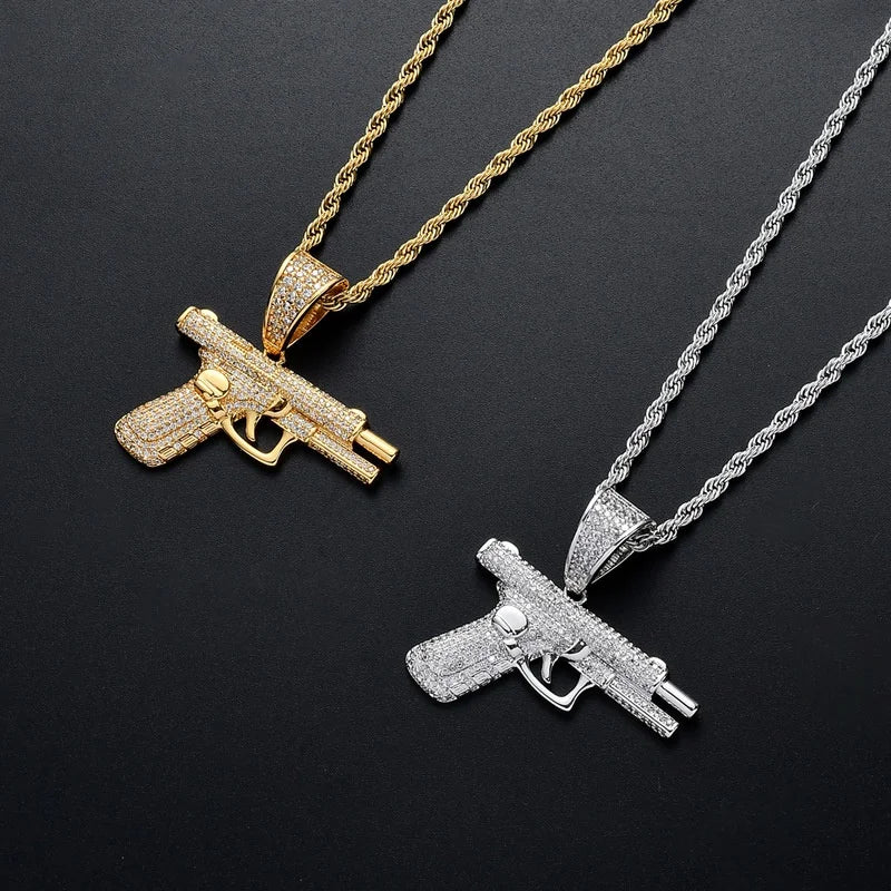 Inlaid Gun Pendant Necklace Rope Chain Jewelry