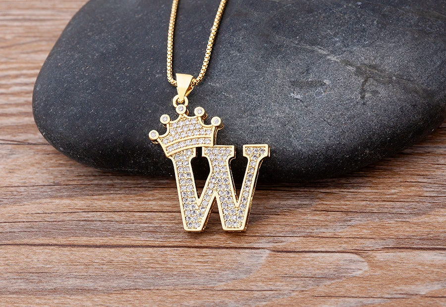 26 Letters A-Z Zircon Crown Initial Alphabet Pendant Choker