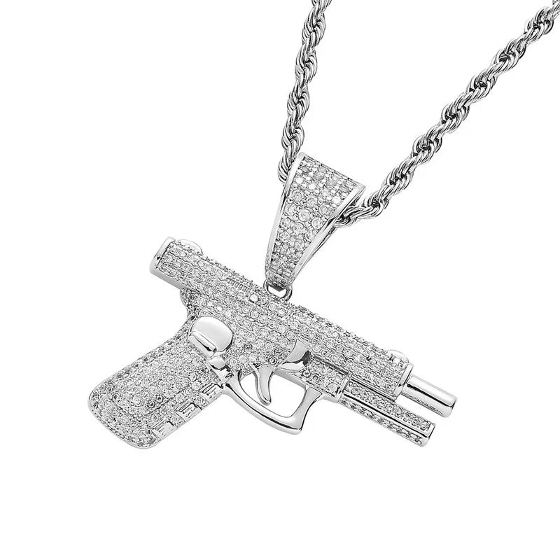 Inlaid Gun Pendant Necklace Rope Chain Jewelry