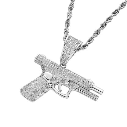 Inlaid Gun Pendant Necklace Rope Chain Jewelry