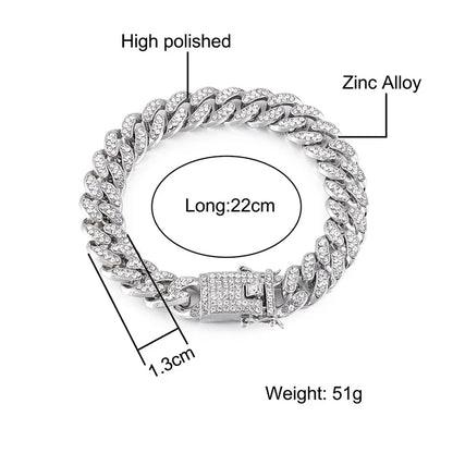 High-Quality  51g Hip Hop Full AAA Stone Bling Iced Out Pave Men's Bracelet Miami Cuban Link Chain Bracelets for Men Jewelry