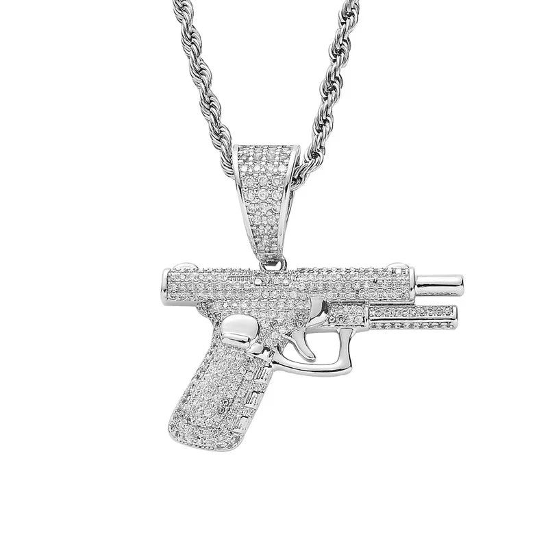 Inlaid Gun Pendant Necklace Rope Chain Jewelry