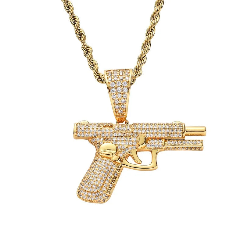 Inlaid Gun Pendant Necklace Rope Chain Jewelry