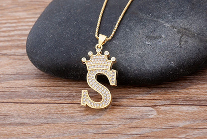 26 Letters A-Z Zircon Crown Initial Alphabet Pendant Choker