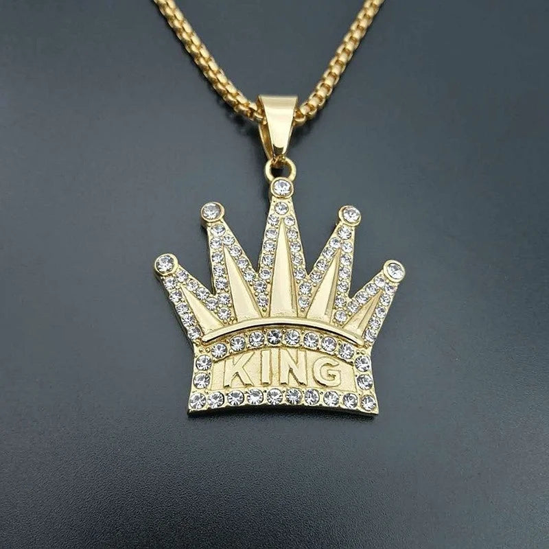 King Crown Pendant Necklace Gold Plated Rhinestones