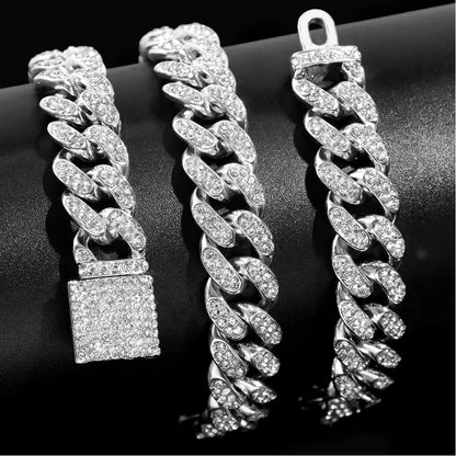 Iced Out Bling AAA Rhinestones Prong Cuban Link Chain Men's Necklace 2 Row Crystal Curb Cuban Chain Hip Hop Jewelry 13/14/20MM