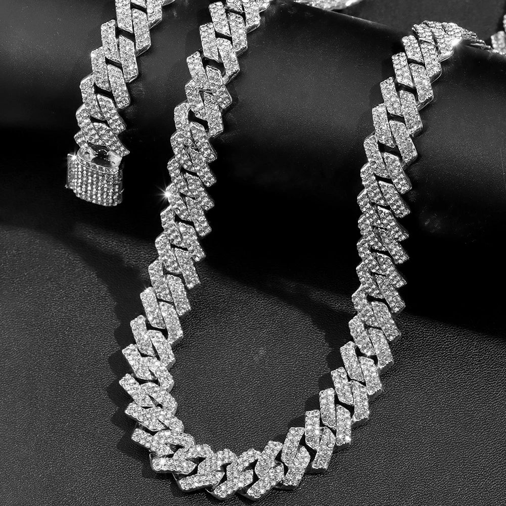 Iced Out Bling AAA Rhinestones Prong Cuban Link Chain Men's Necklace 2 Row Crystal Curb Cuban Chain Hip Hop Jewelry 13/14/20MM