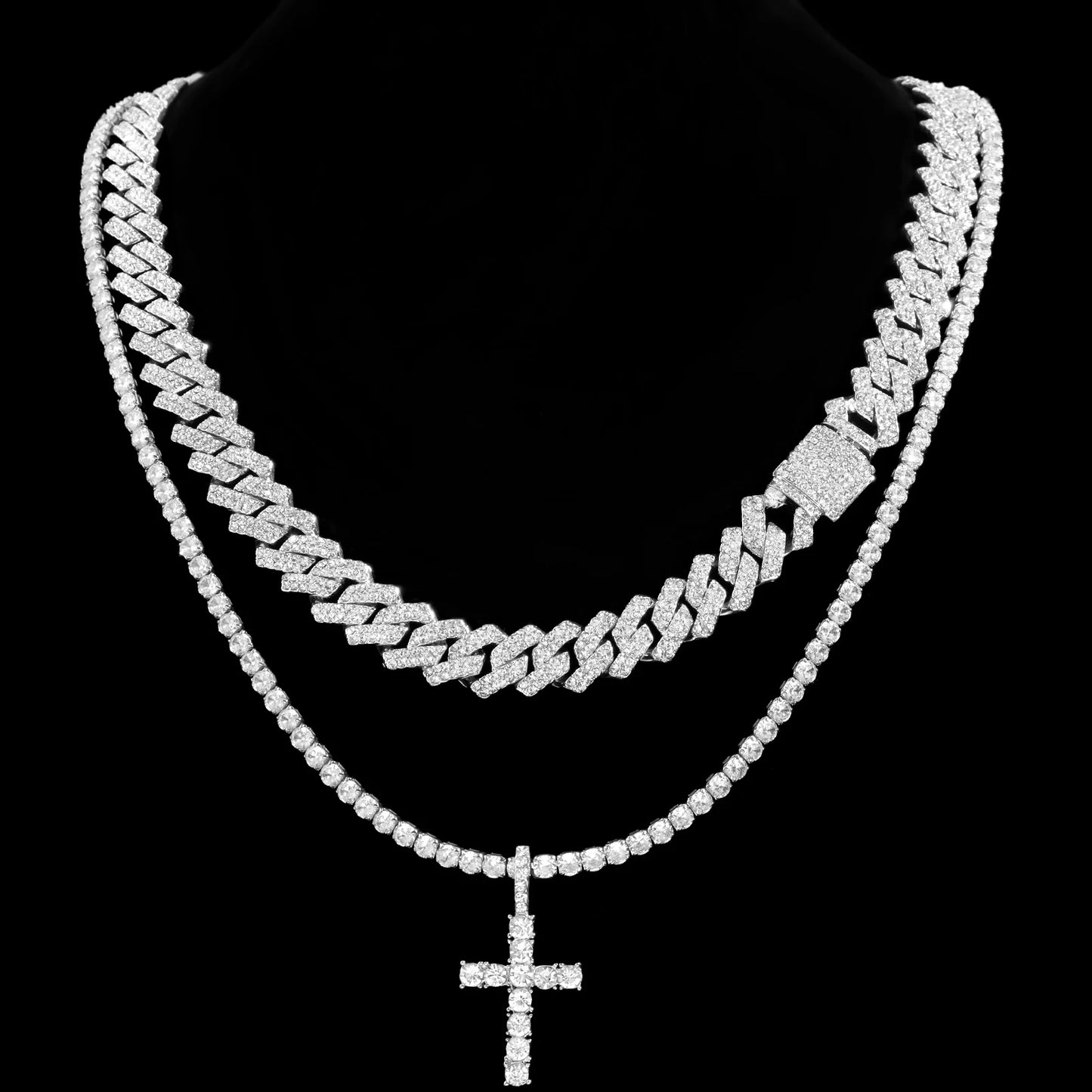 2pcs Cross Chain 14MM Prong Cuban Necklace Iced Out 2 Row Cuban Link