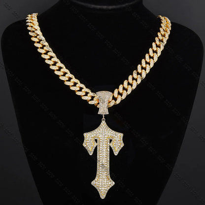 Iced Out Cross Sword Necklaces with 12mm Cuban Chain