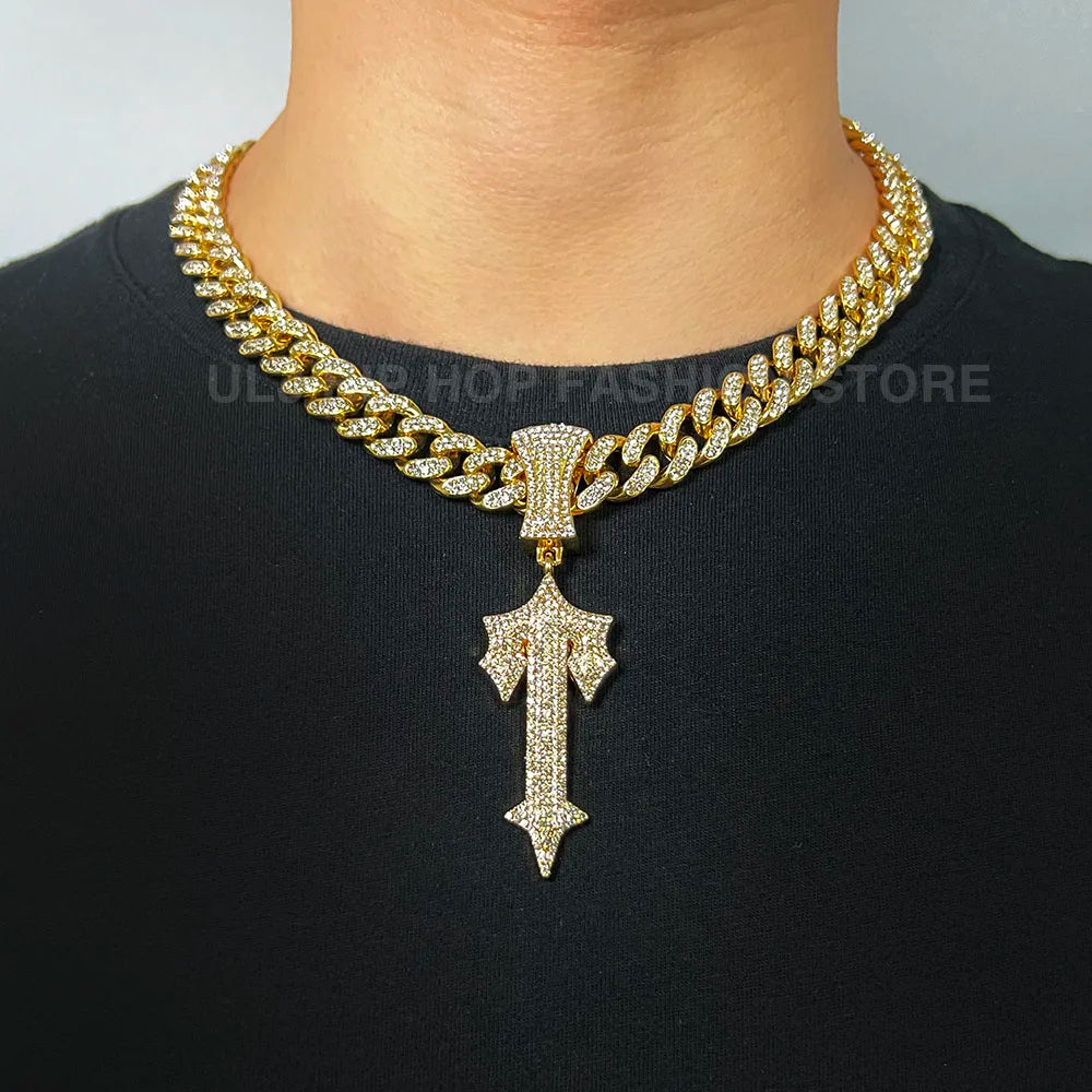 Iced Out Cross Sword Necklaces with 12mm Cuban Chain