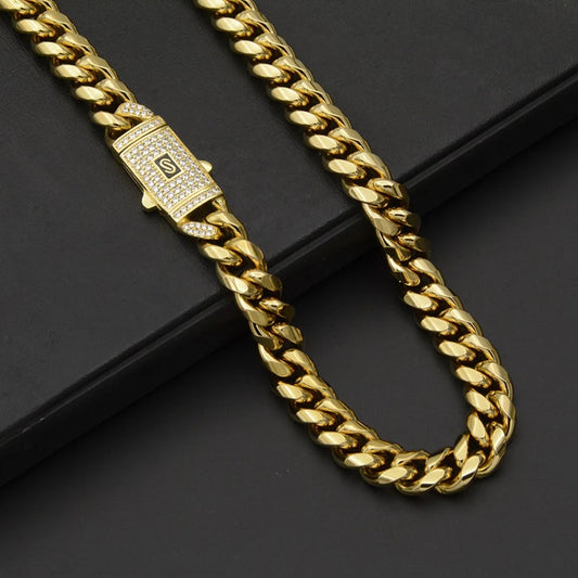 Hip Hop Bling Iced Out Gold Color Stainless Steel CZ Cuban Miami Chain Necklace Link Chain for Men Rapper Jewelry