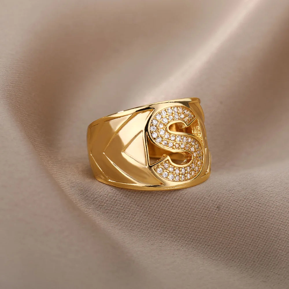 Chunky Wide Zircon Initial Letter Rings Stainless Steel Opening Finger