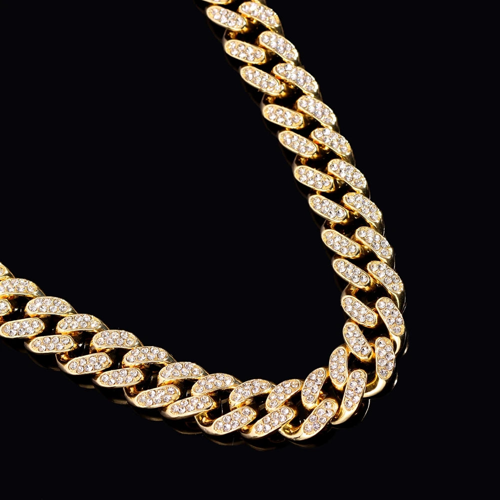 Iced Out Bling AAA Rhinestones Prong Cuban Link Chain Men's Necklace 2 Row Crystal Curb Cuban Chain Hip Hop Jewelry 13/14/20MM