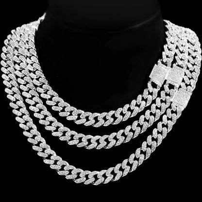 Iced Out Bling AAA Rhinestones Prong Cuban Link Chain Men's Necklace 2 Row Crystal Curb Cuban Chain Hip Hop Jewelry 13/14/20MM