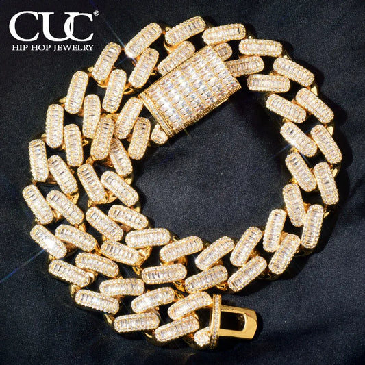 CUC 18MM Men Miami Chain Baguette Cuban Necklace Iced Out Cubic Zirconia Gold Silver Color Hip Hop Punk Jewelry