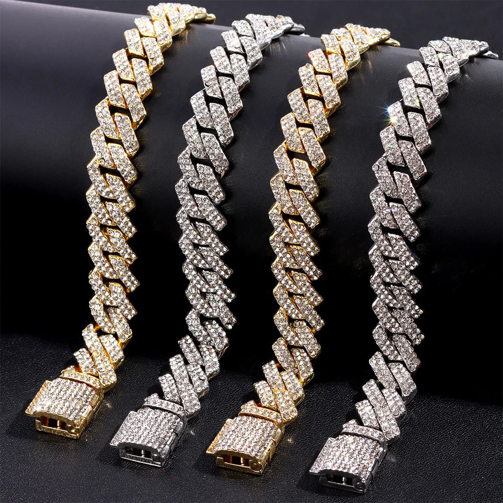 Iced Out Bling Rhinestones Paved Cuban Link Chain Tennis Necklace Women Men 13/14MM Prong Rapper Necklace Hip Hop Rock Jewelry