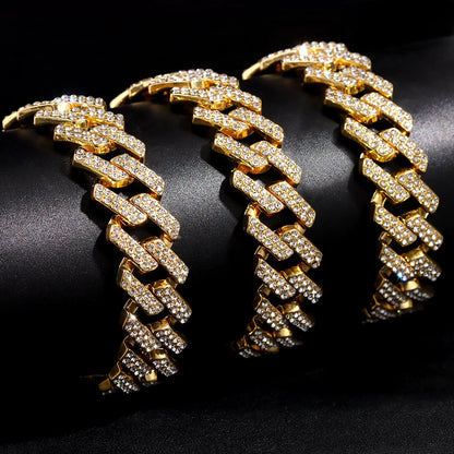 Iced Out Bling AAA Rhinestones Prong Cuban Link Chain Men's Necklace 2 Row Crystal Curb Cuban Chain Hip Hop Jewelry 13/14/20MM