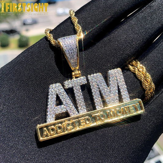 New Iced Out Bling Letters ATM Addicted To Money Pendant Necklaces Two Tone Color AAA Zircon Charm Men's Hip Hop Jewelry