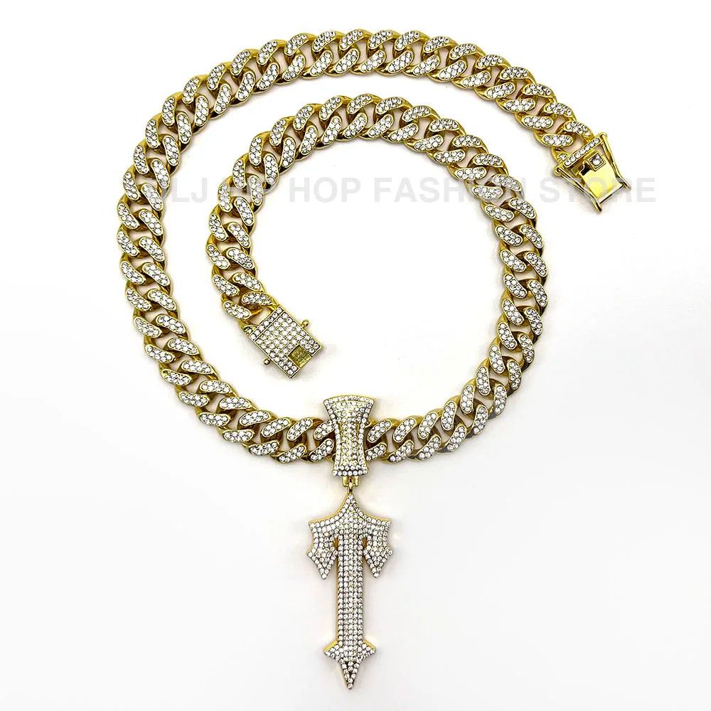 Iced Out Cross Sword Necklaces with 12mm Cuban Chain