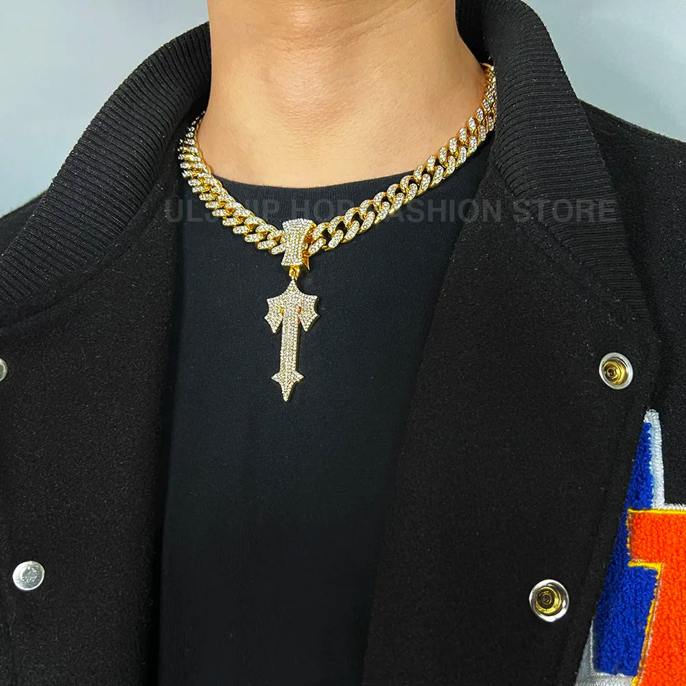 Iced Out Cross Sword Necklaces with 12mm Cuban Chain