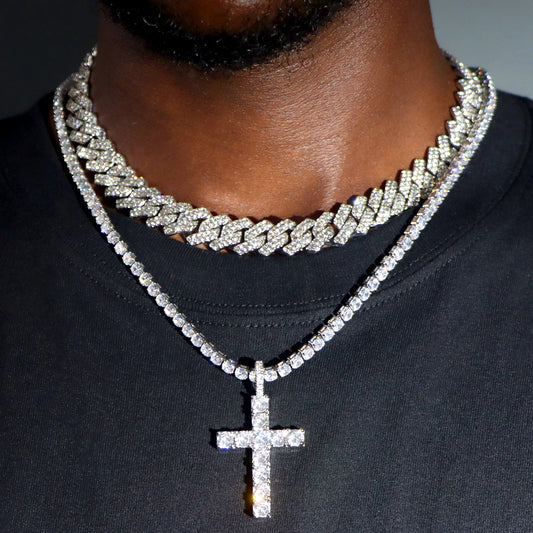 2pcs Cross Chain 14MM Prong Cuban Necklace Iced Out 2 Row Cuban Link