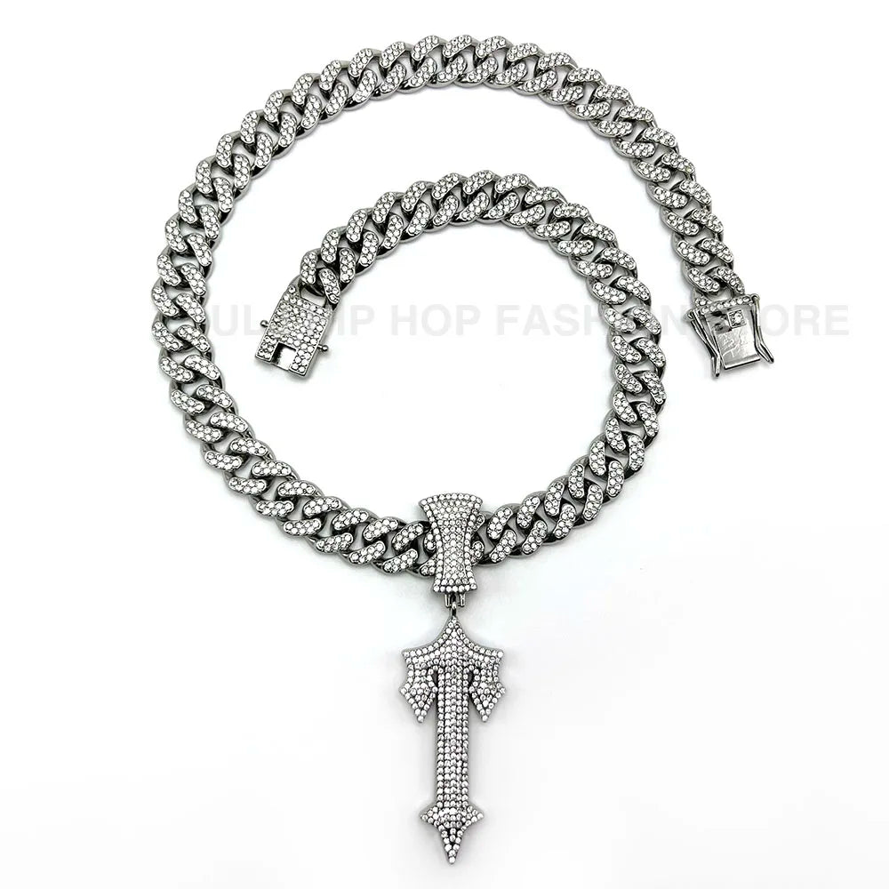 Iced Out Cross Sword Necklaces with 12mm Cuban Chain