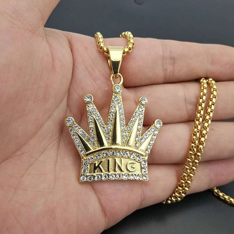 King Crown Pendant Necklace Gold Plated Rhinestones