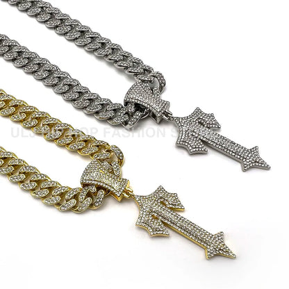 Iced Out Cross Sword Necklaces with 12mm Cuban Chain