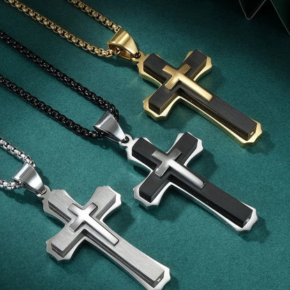 Creative Men Double-layer Stainless Steel Cross Necklace Hip Hop Necklace for Men Stainless Steel Jewelry Halloween Party Gift