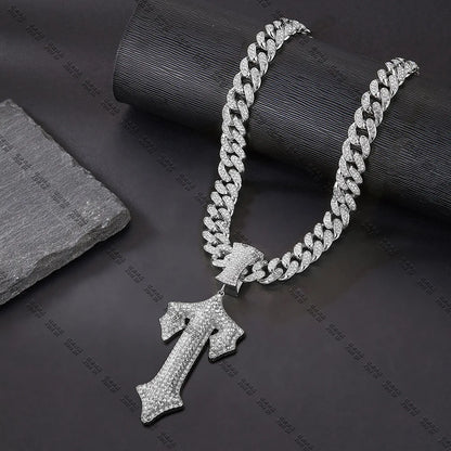 Iced Out Cross Sword Necklaces with 12mm Cuban Chain