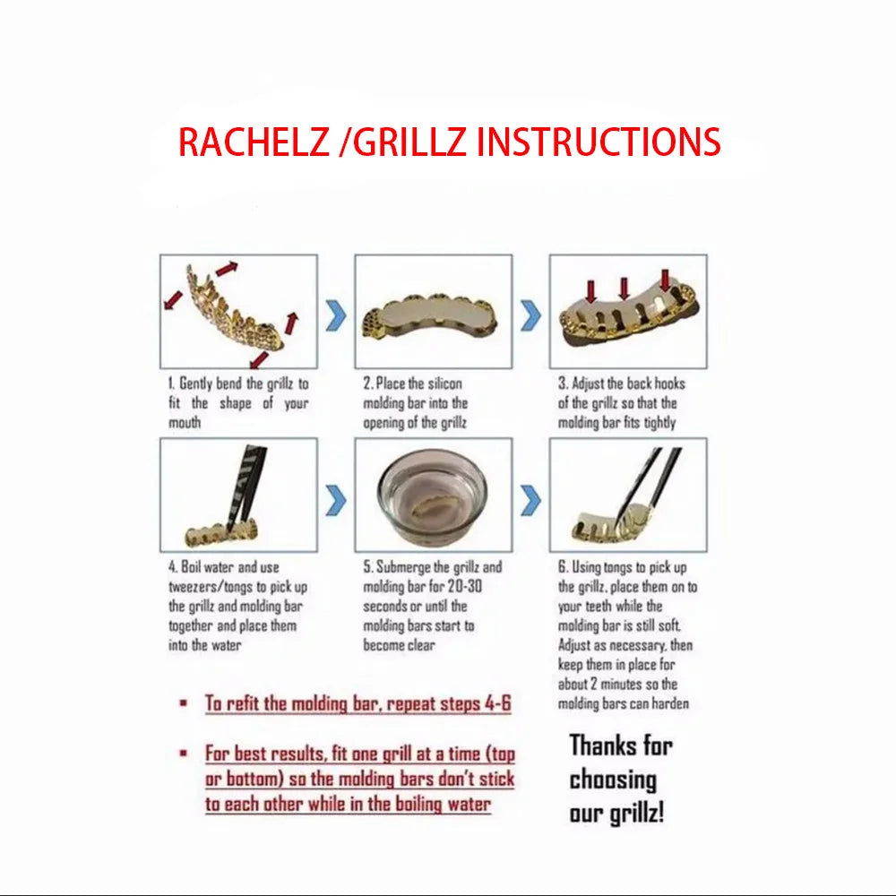 RACHELZ Hot Sale 8/8 Glossy Teeth Grillz Hip Hop 14K Gold Plated Tooth Caps Decor For Women Men Jewelry