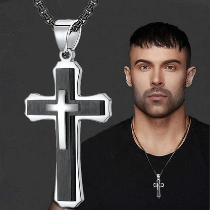 Creative Men Double-layer Stainless Steel Cross Necklace Hip Hop Necklace for Men Stainless Steel Jewelry Halloween Party Gift