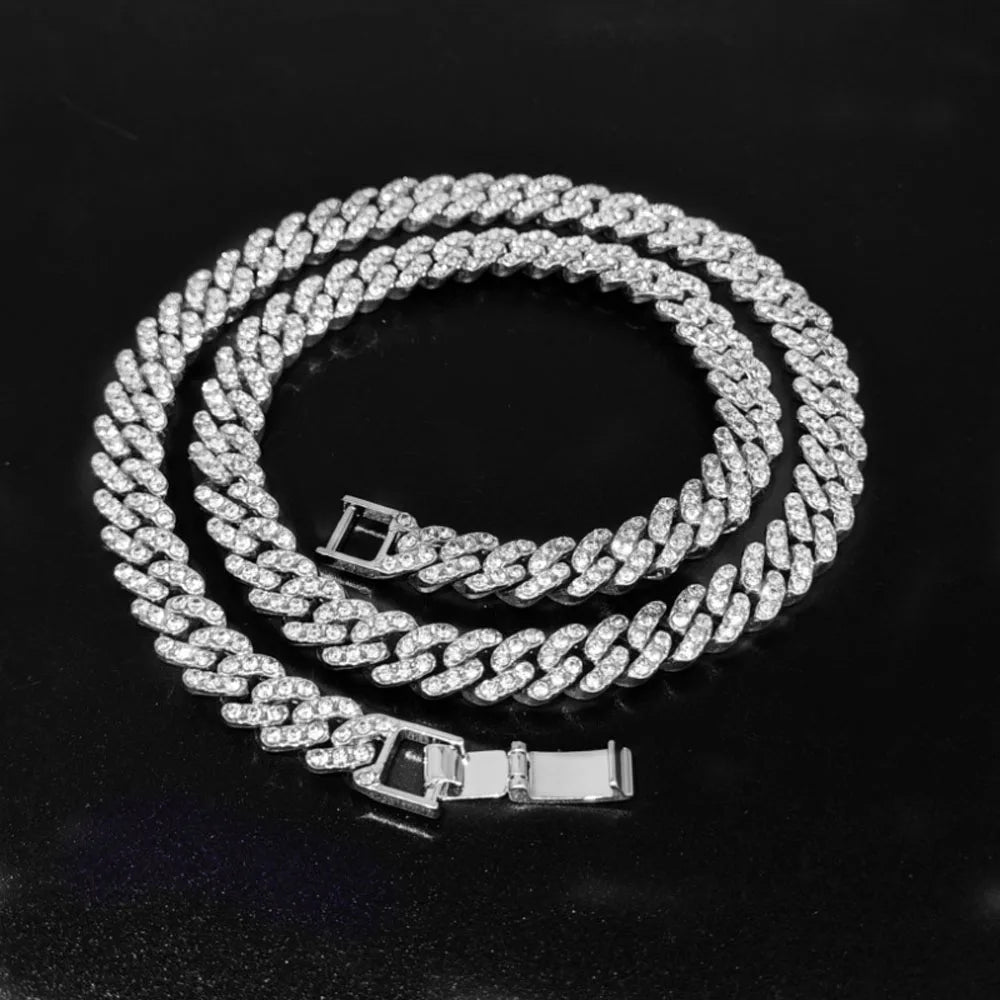 9MM Cuban Link Chain Necklace Bling Iced Out 1 Row Rhinestone Paved Cuban Chain