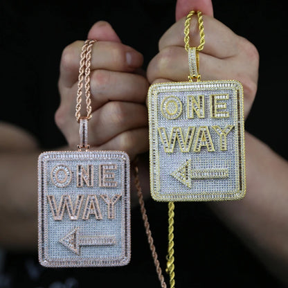 One Way Pendant Necklace Full Paved Cubic Zirconia Iced Out Bling