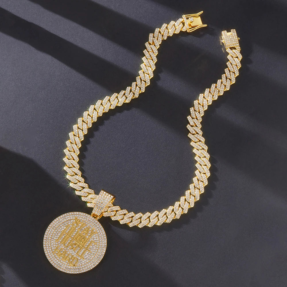 Hip Hop STAY HARD Letter Pendant Cuban Chain Necklace Punk Gold Color Iced Out Bling Necklaces Fashion Charm Men Women Jewelry