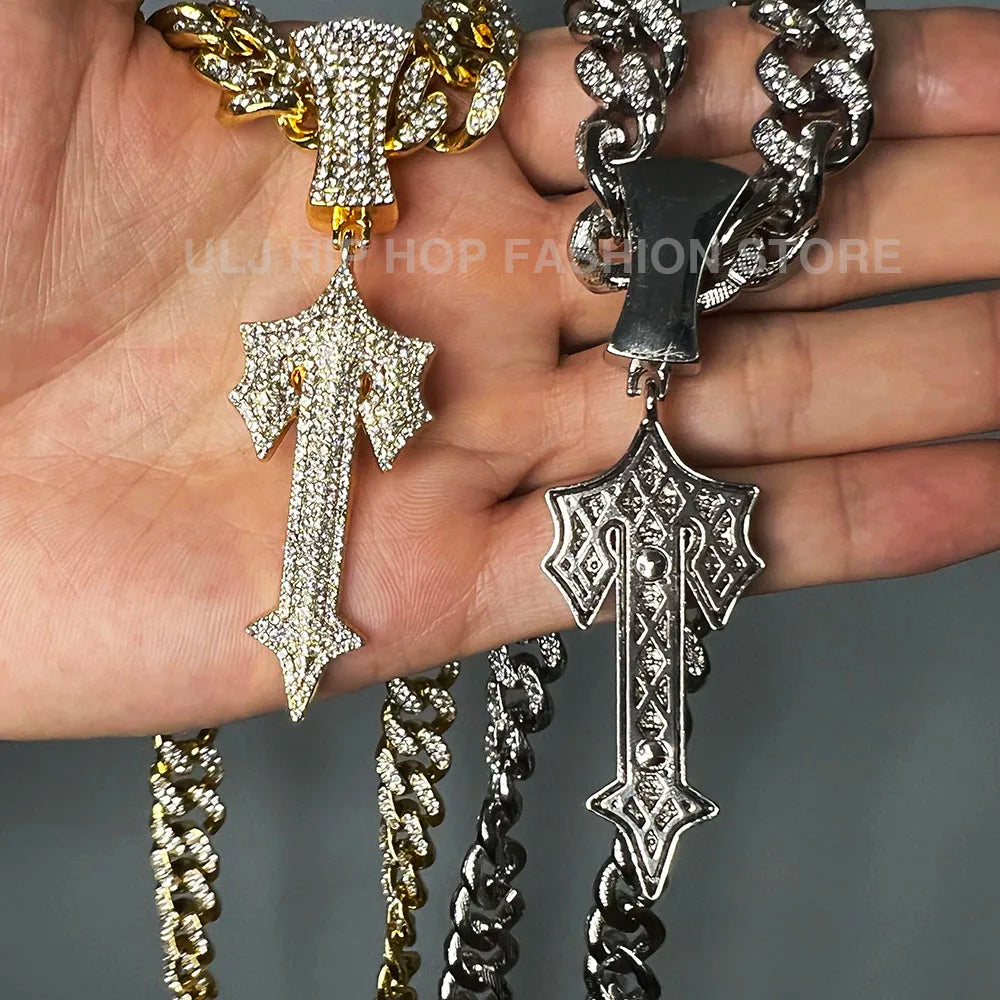 Iced Out Cross Sword Necklaces with 12mm Cuban Chain