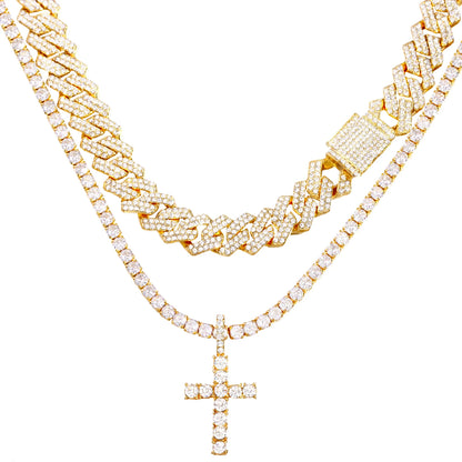 2pcs Cross Chain 14MM Prong Cuban Necklace Iced Out 2 Row Cuban Link