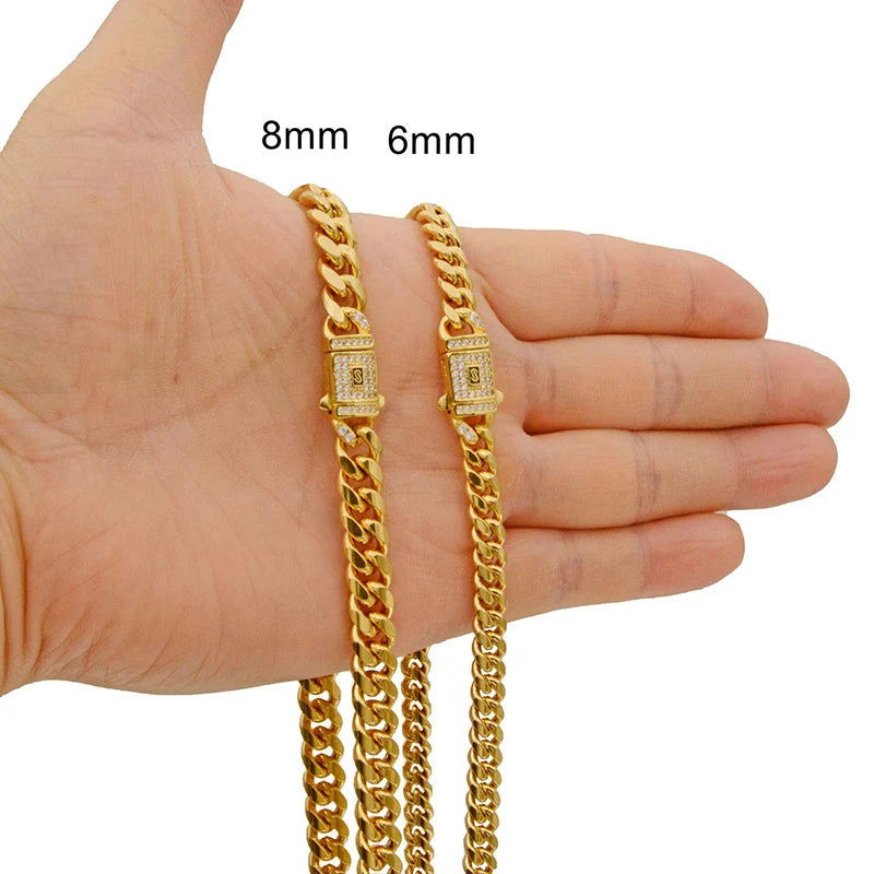 Hip Hop Bling Iced Out Gold Color Stainless Steel CZ Cuban Miami Chain Necklace Link Chain for Men Rapper Jewelry