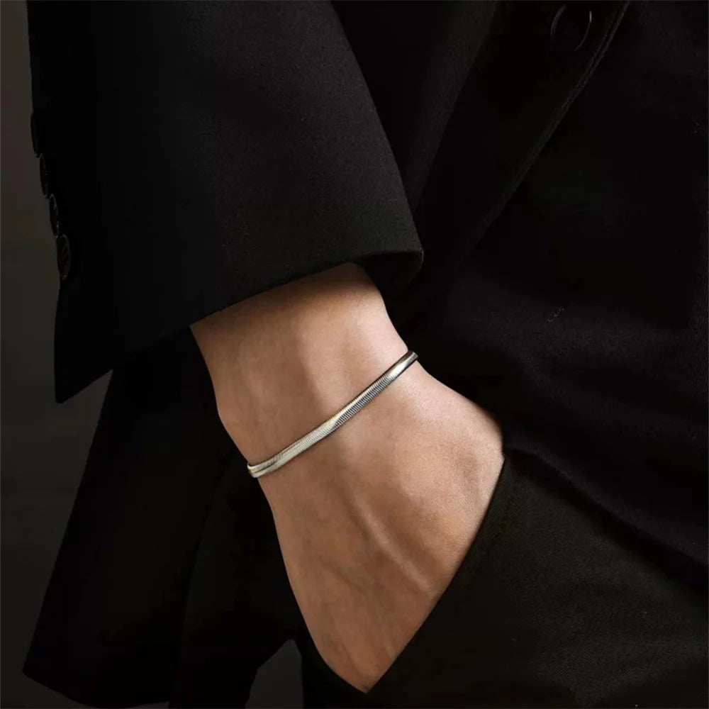 Silver Color Stainless Steel Flat Snake Chain Bracelet Hip Hop Simple Bracelet